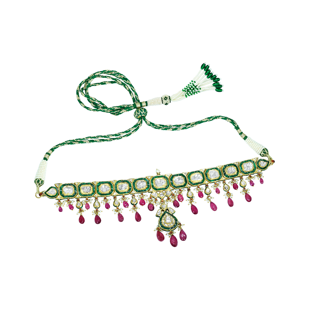 Polki Choker Set with Green Enamel, Tourmaline, and Pearls